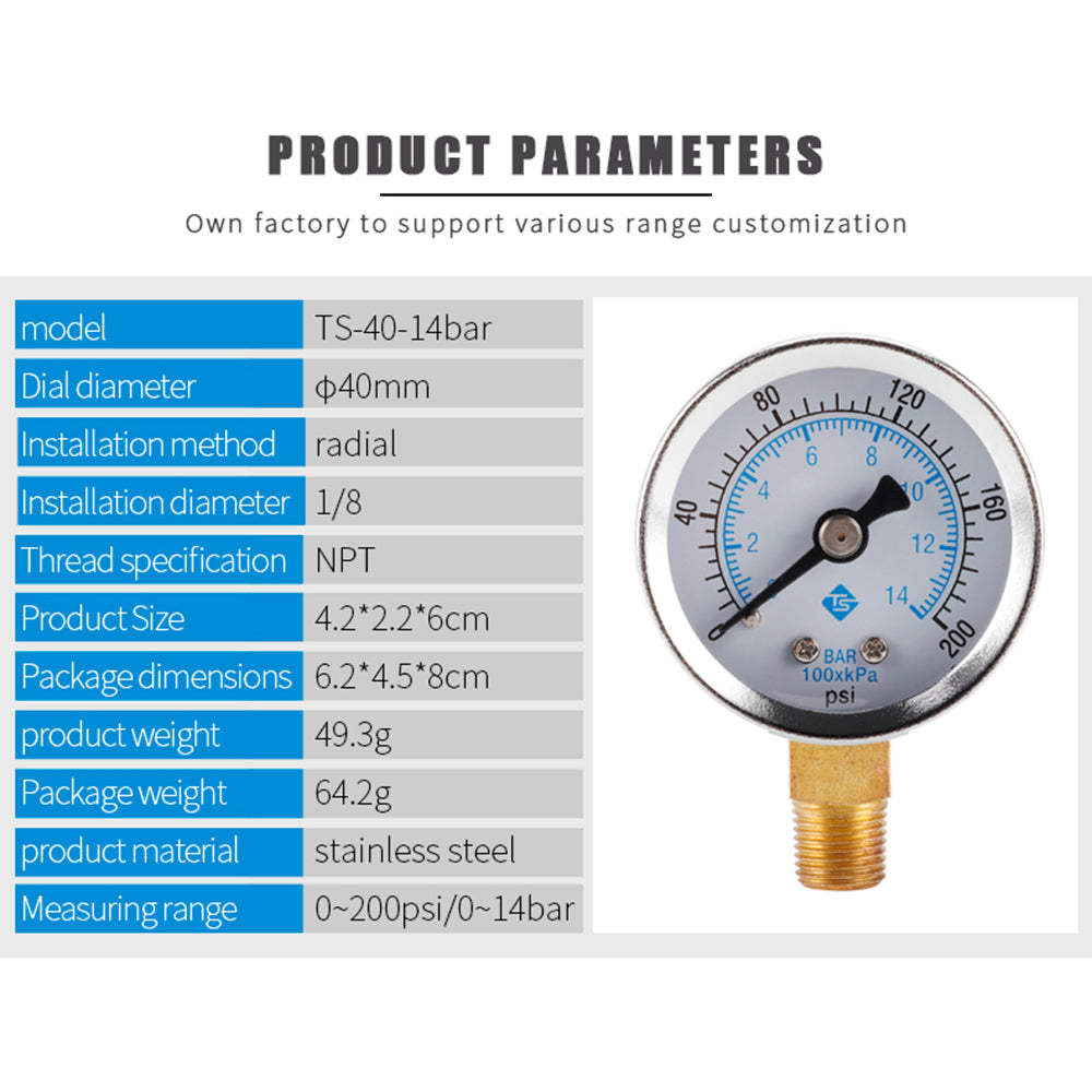 TS-40-14bar Water Oil Pressure Gauge 0-200 PSI Test Range Pressure Gauge Dual Scale Gas Pressure Gauge with 1 / 8inch NPT Bottom Mount TS-40-14bar Water Oil Pressure Gauge 0-200 PSI Test Range Pressure Gauge Dual Scale Gas Pressure Gauge with 1 / 8inch NPT Bottom Mount